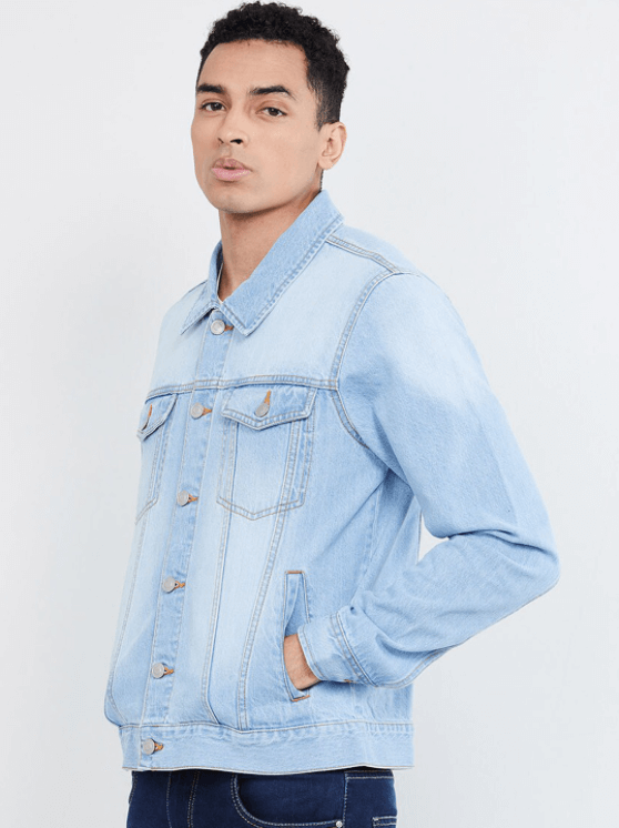 Light blue denim jacket worn by a young male model against a plain white background