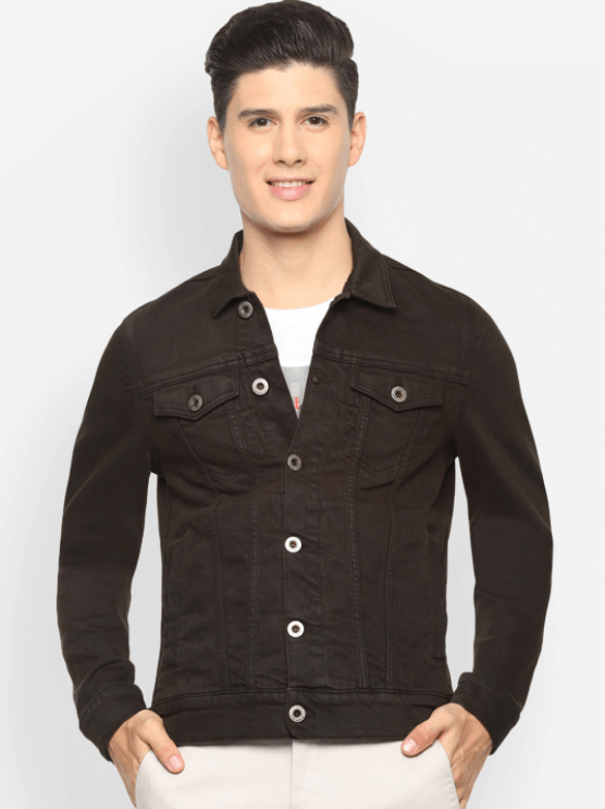 Classic men's denim jacket in sleek black color, featuring front buttoned closure and two chest pockets.