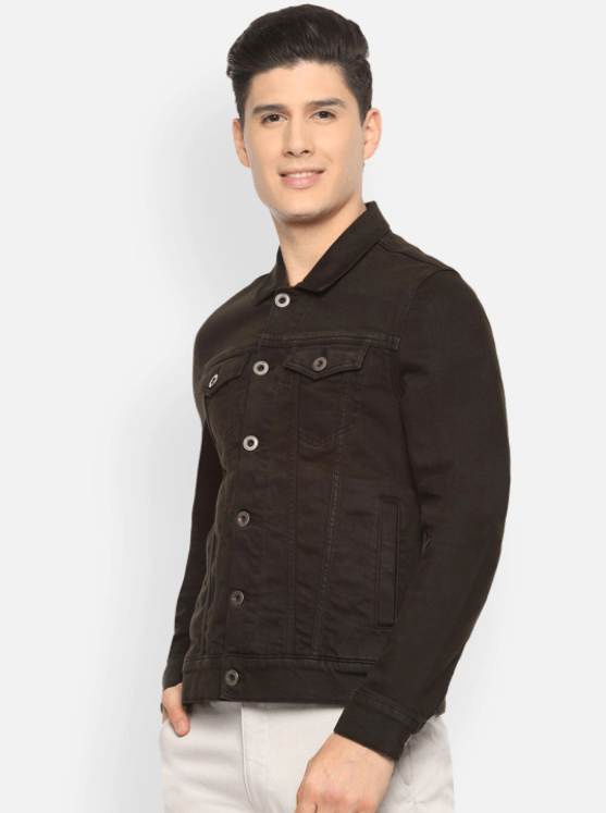 Stylish black denim jacket for men, featuring a classic design with button closure and front pockets.