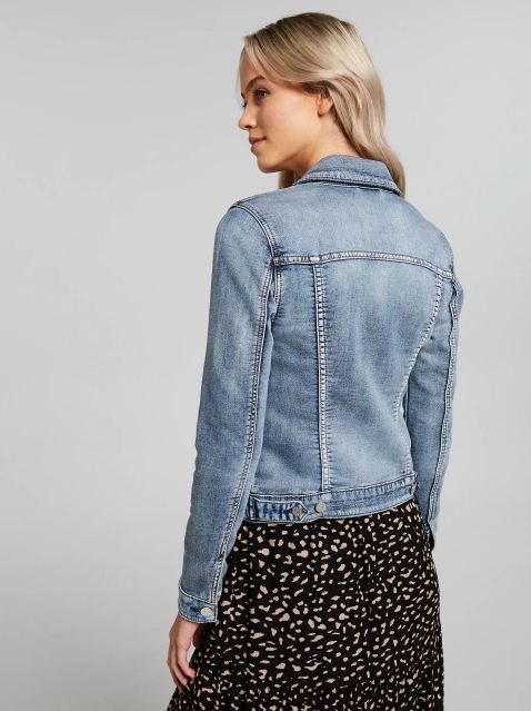 Stylish denim jacket for women, featuring a classic blue wash and tailored fit.