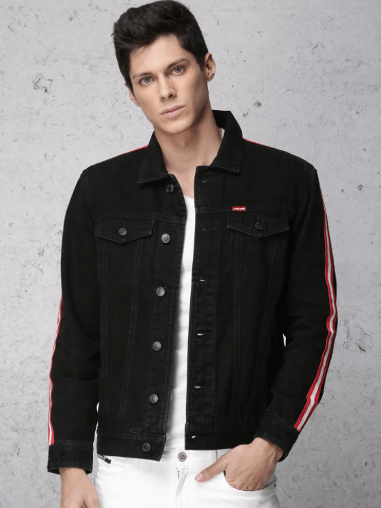 Stylish black denim jacket with bold red stripes on sleeves, featuring a modern and fashionable design for the modern man.