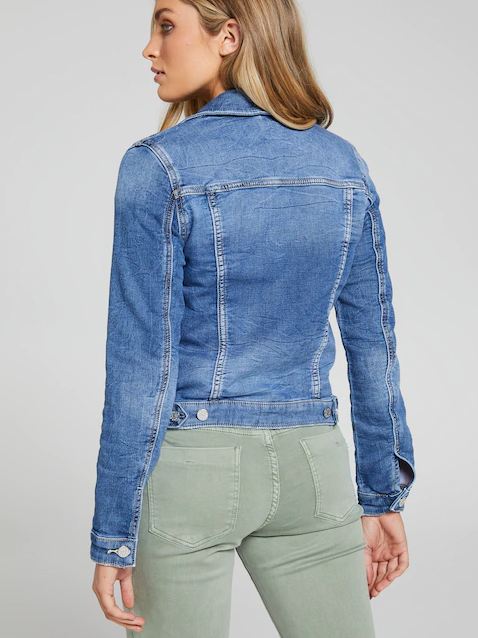 Stylish denim jacket for women, with classic blue color and structured silhouette.
