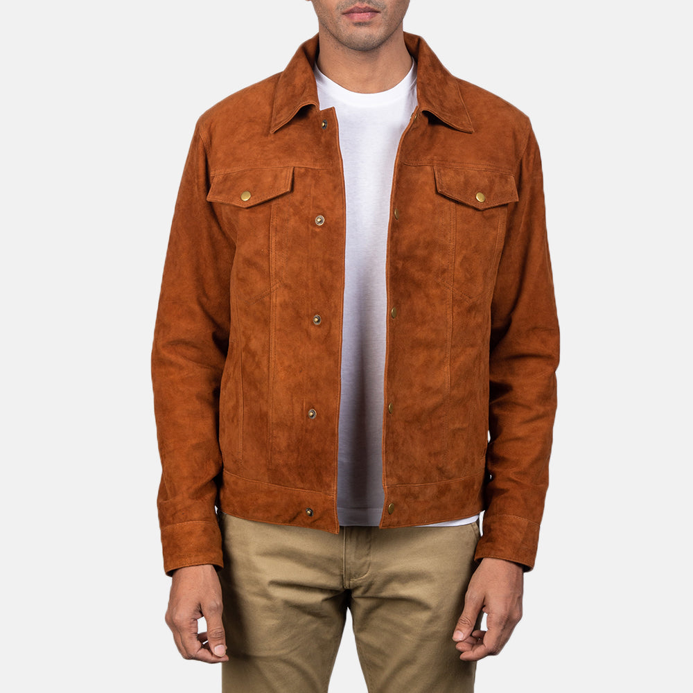 Brown suede trucker jacket worn by a male model, showcasing the product's rugged design and stylish appearance.