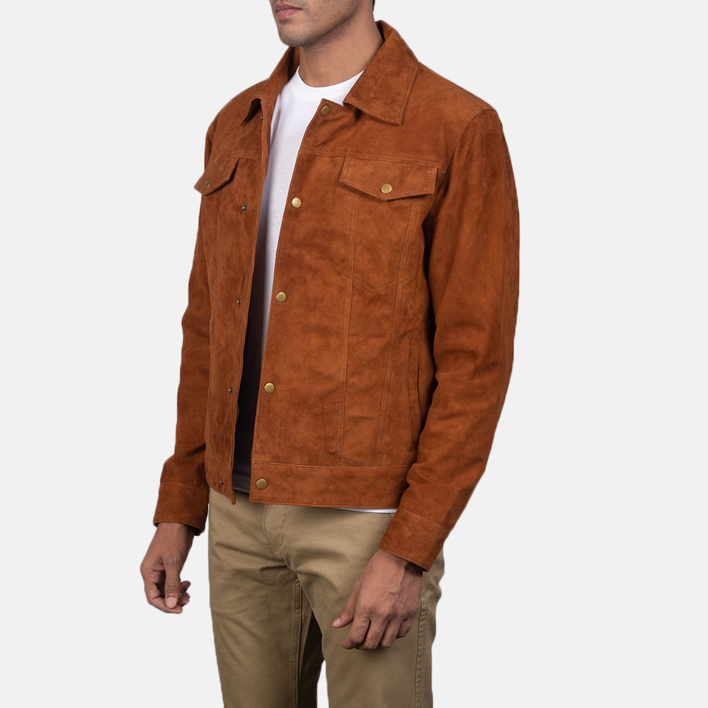 Stylish brown suede trucker jacket, featuring a classic collar, button-up design, and two chest pockets for a rugged, versatile look.