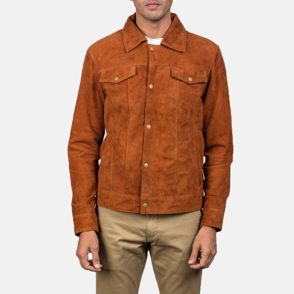 Stylish brown suede trucker jacket showcased on a male model against a white background, featuring functional front pockets and a classic collar design.