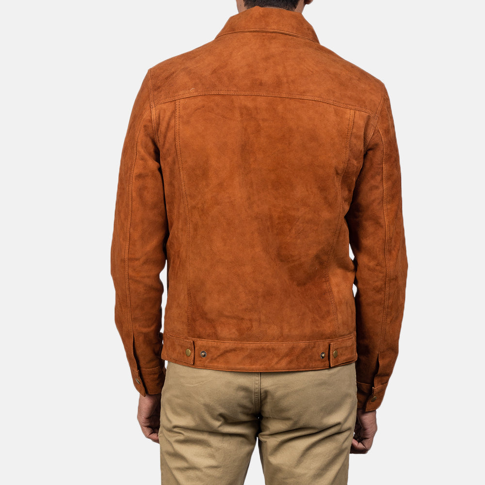 Stallon Brown Suede Trucker Jacket - Stylish men's suede jacket with snap buttons and a rugged, textured finish.