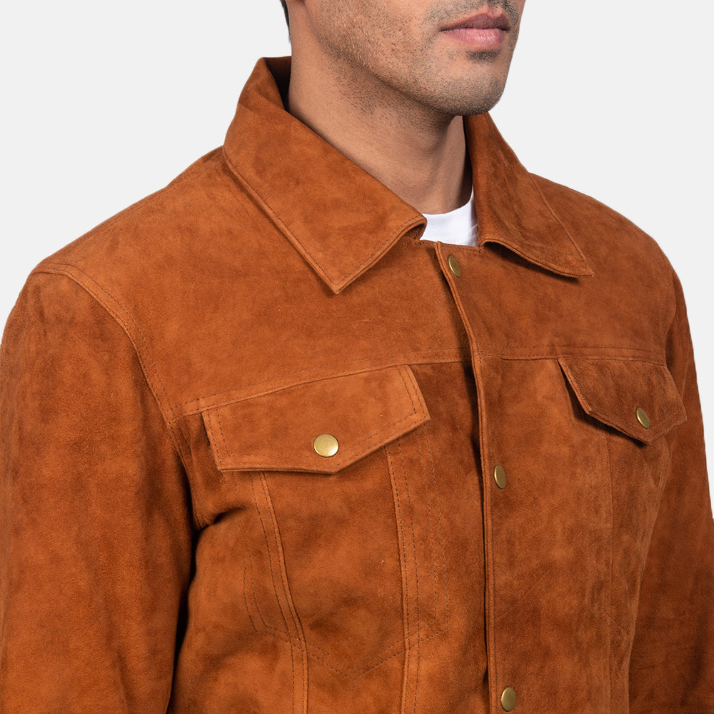 Stylish brown suede trucker jacket with front pockets and gold-tone hardware, showcasing a casual yet sophisticated menswear design.
