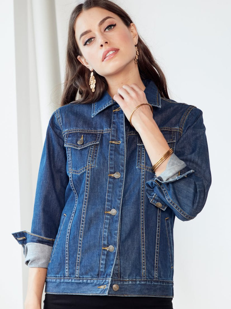 Blue denim jacket for women, solid color, with button-down closure, ideal for casual wear