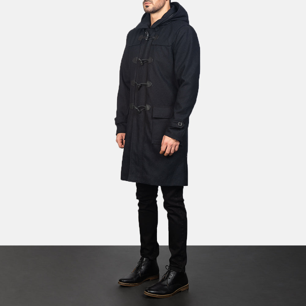 Drake Black Wool Hooded Duffle Coat
