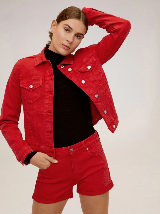 Stylish red denim jacket and matching shorts from Ace Cart's women's collection