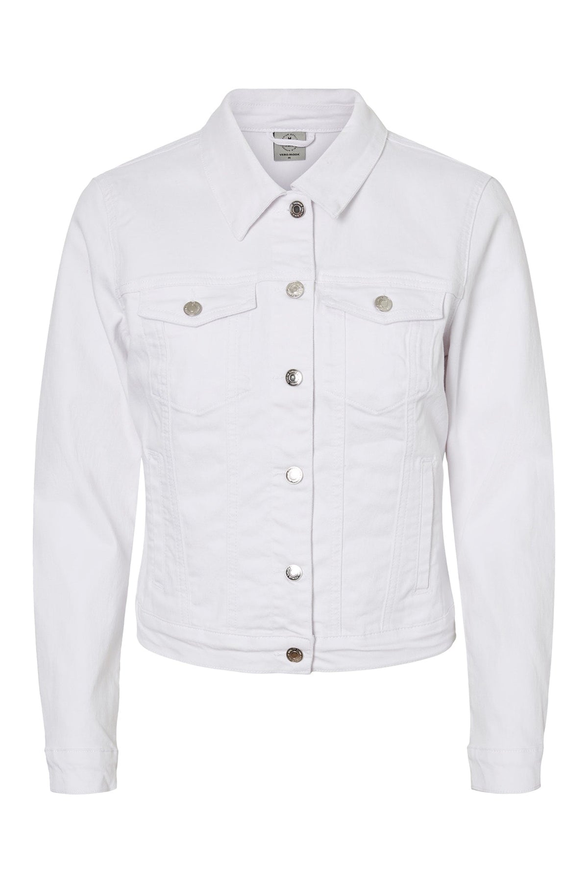 Fitted white denim jacket with button-down closure, chest pockets, and long sleeves from Ace Cart.