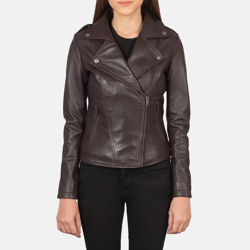 Women Flashback Maroon Leather Biker Jacket