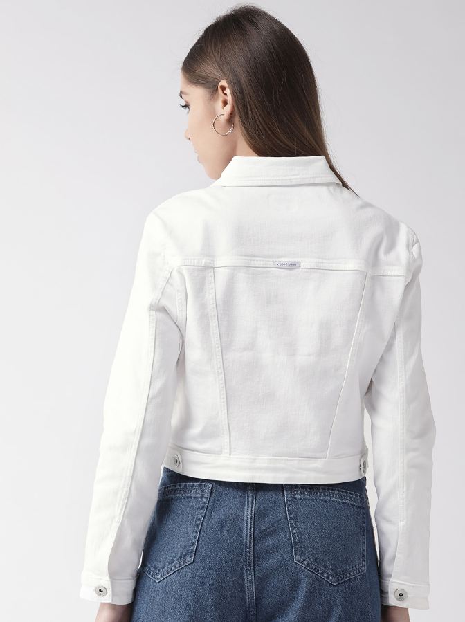 Stylish white denim jacket for women, featuring a cropped fit and minimal design, showcasing the model's long dark hair from the back.