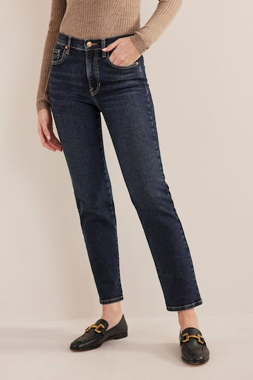 Boden Blue Mid Rise Cigarette Jeans - High-waisted, stretch denim jeans in a classic dark blue wash, showcasing a slim, tapered leg silhouette.
