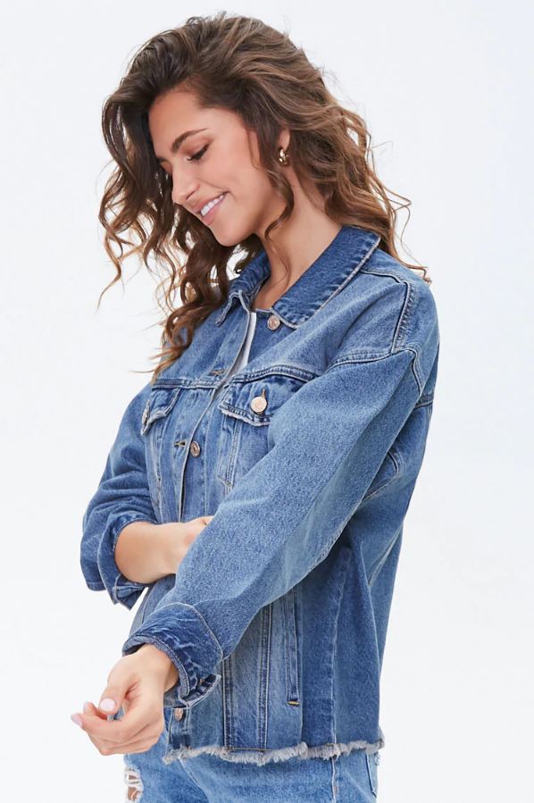Stylish denim jacket for women, featuring frayed edges and a classic blue hue, showcased in a product image.