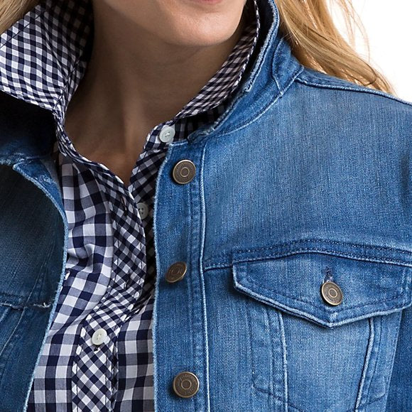Women's Light Blue Denim Jacket with Checkered Lining