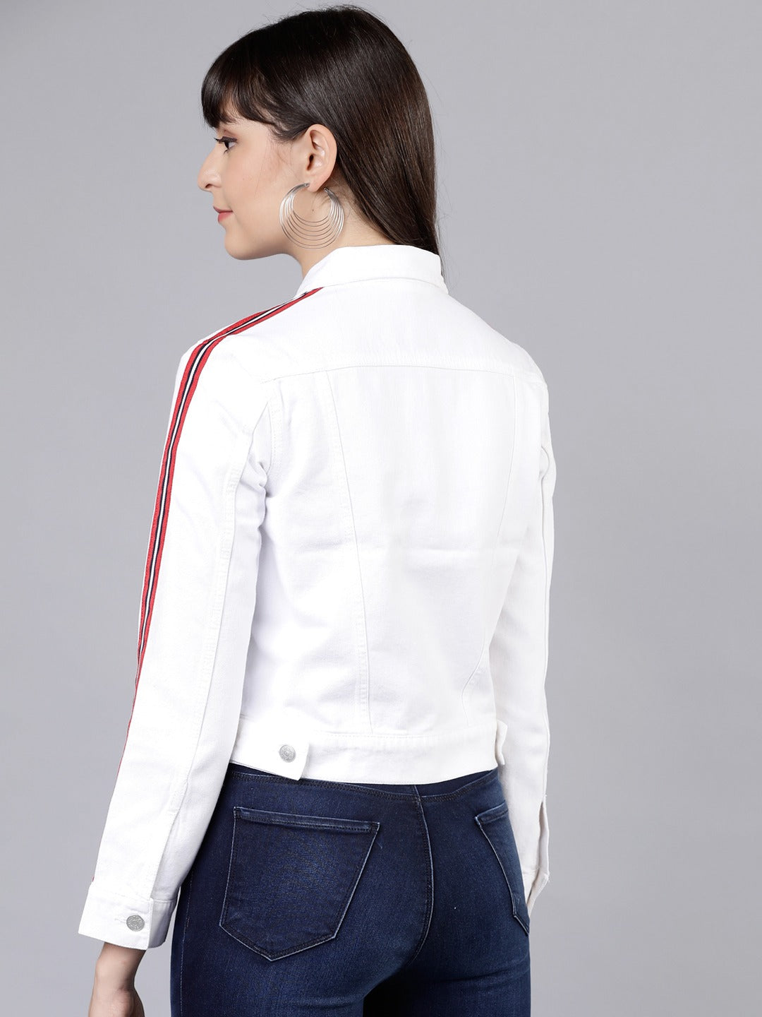 Fashionable white denim jacket with red stripe detail on Ace Cart store