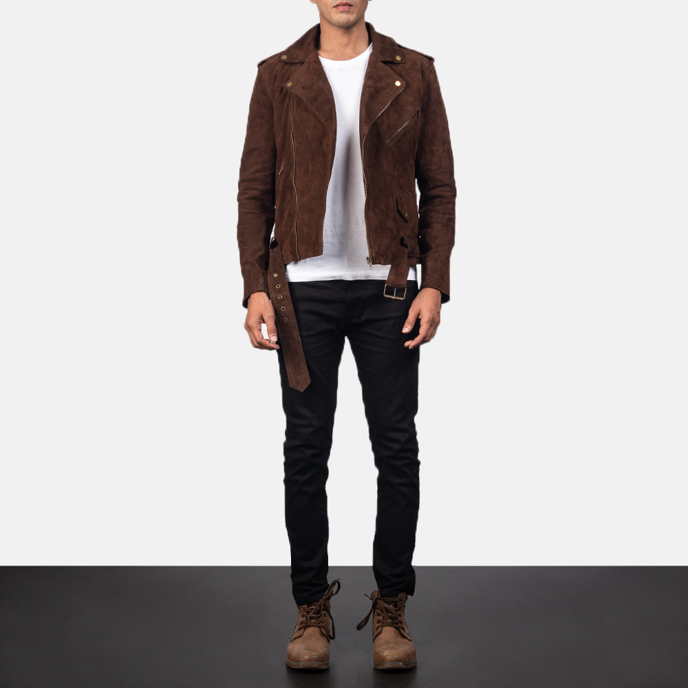 Rugged mocha suede biker jacket by Ace Cart, worn with black jeans and lace-up boots