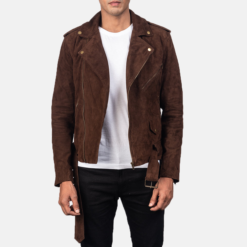 A stylish mocha suede biker jacket with asymmetric zippers, worn by a male model against a white background.