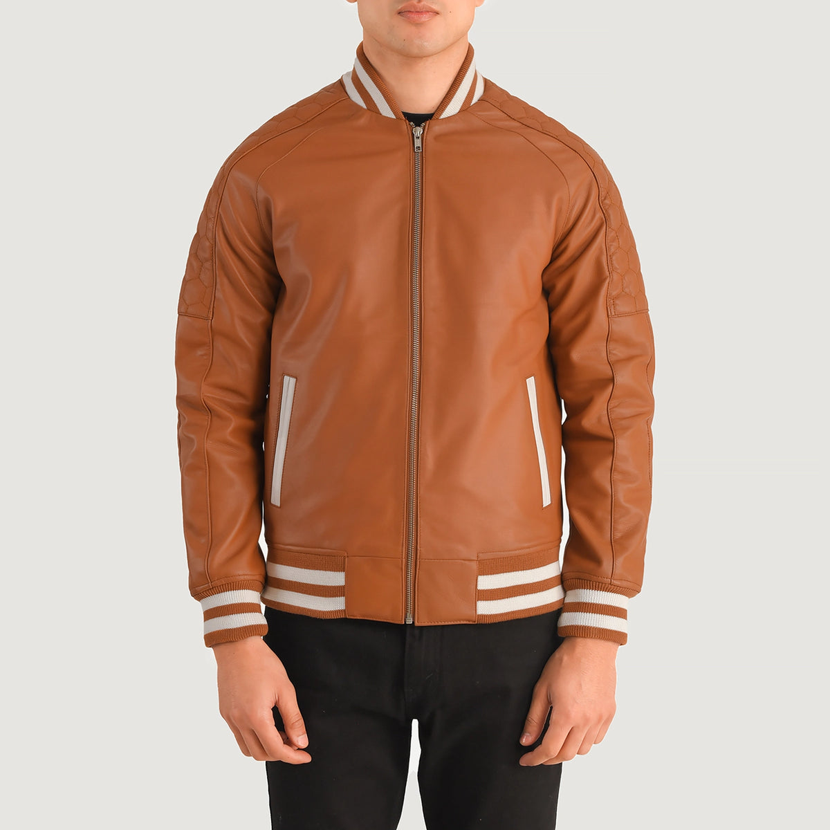 Pascal Tan Brown Leather Varsity Jacket
