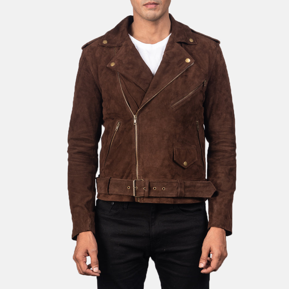 Brown suede biker jacket with asymmetric zipper, moto-style pockets, and gold-toned hardware for a stylish, rugged look.