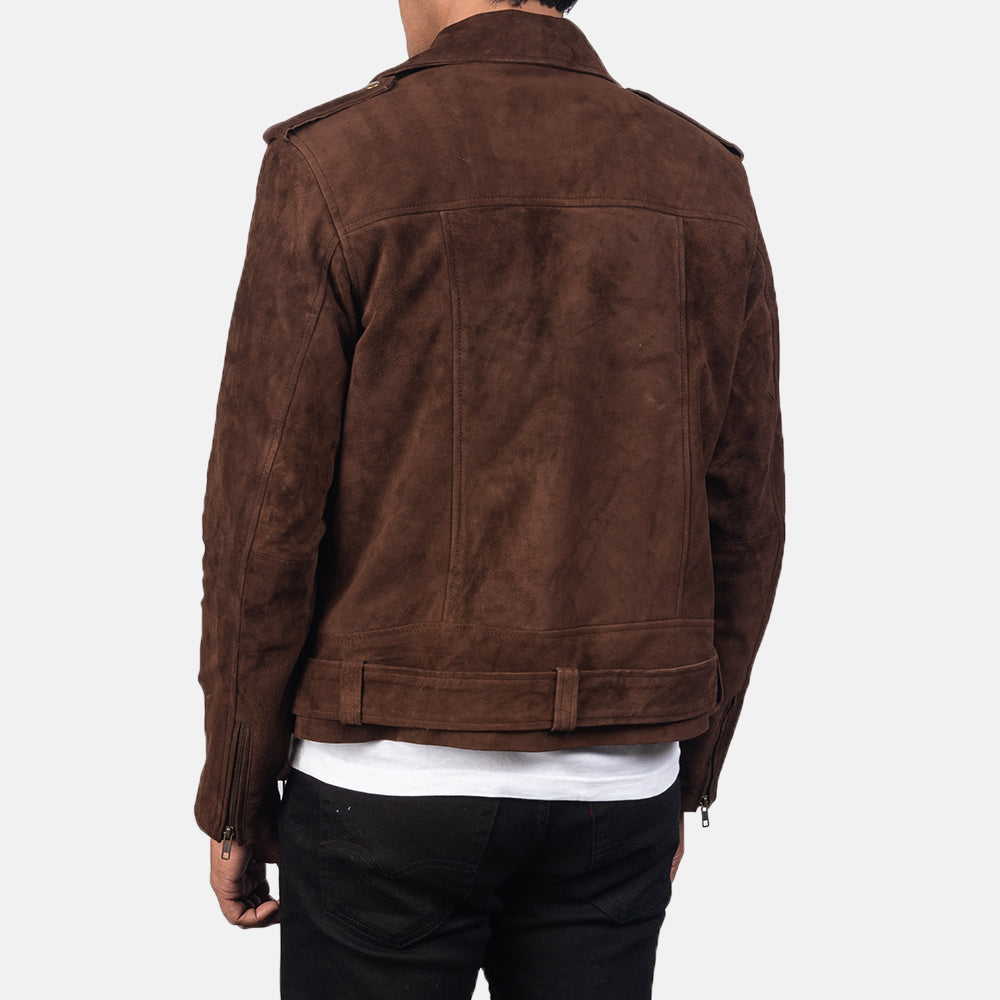 Mocha Suede Biker Jacket by Ace Cart - Stylish men's suede jacket with biker-inspired design, featuring a zipper closure and belted waist.