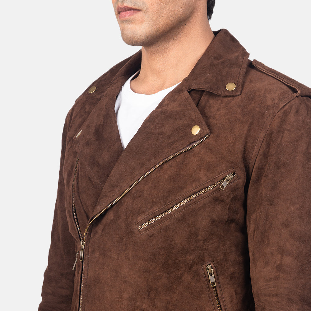 Mocha suede biker jacket with zipper details, worn by a man in the image.
