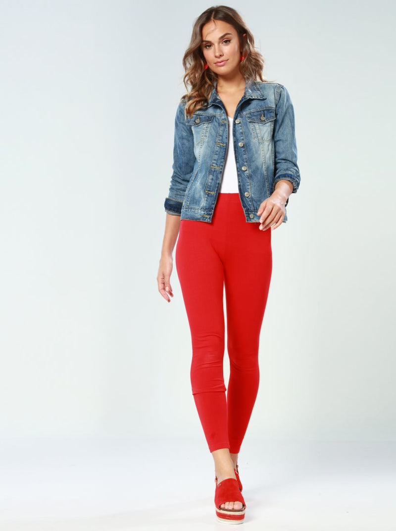 Stylish Women's Blue Denim Jacket Paired with Red Pants