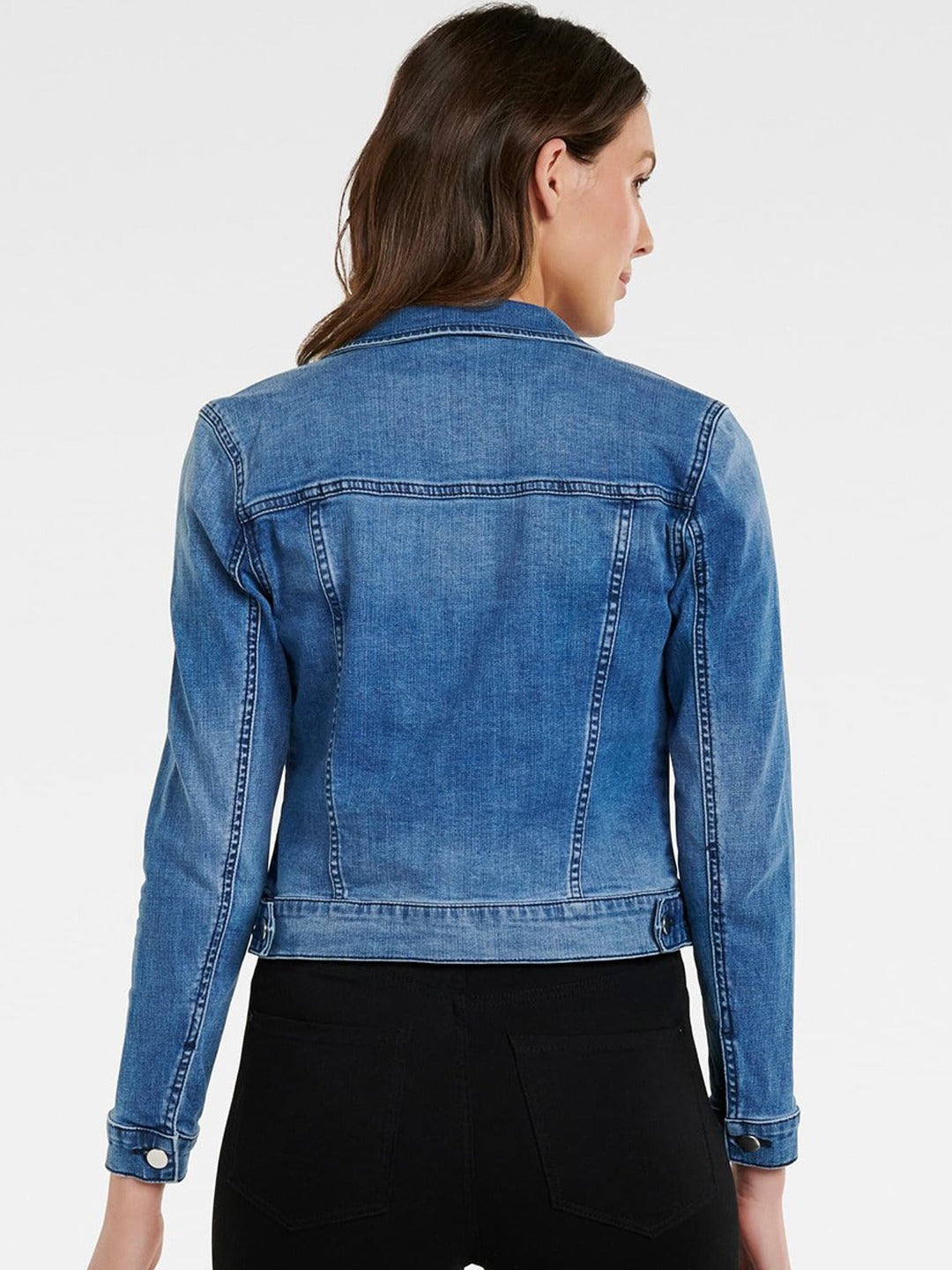 Crisp blue denim jacket with classic jean jacket styling, featuring a tailored fit and long sleeves for a casual yet chic look.