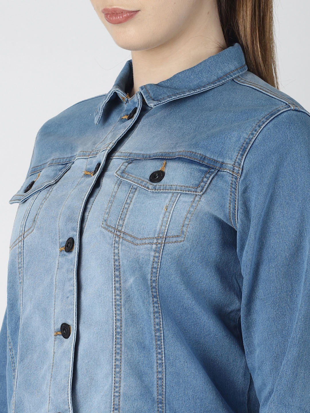 Stylish blue denim jacket for women, featuring a classic design with button closure and front pockets.