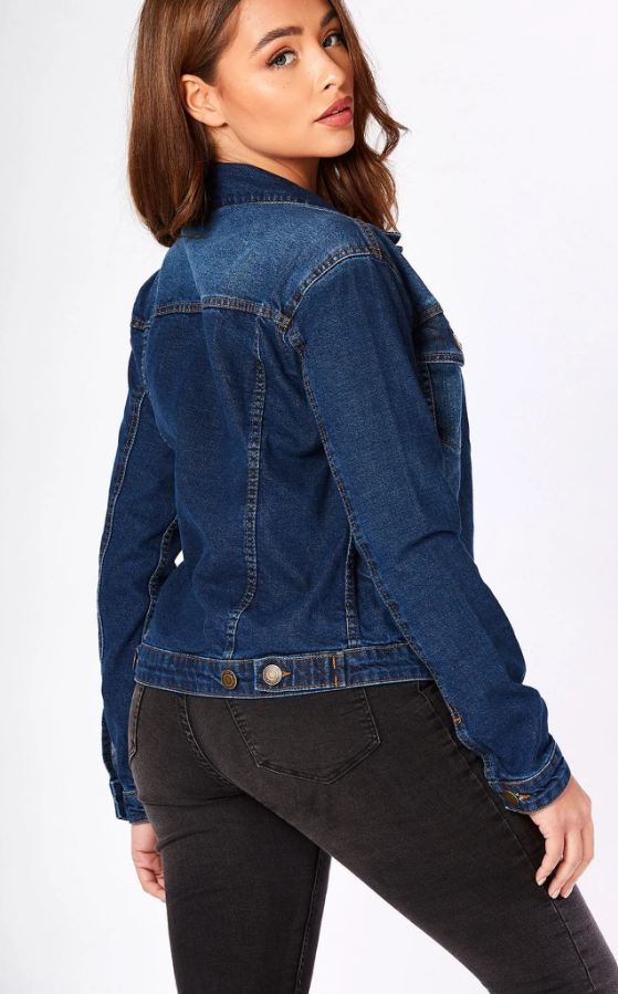 Dark blue denim jacket for stylish women, featuring solid color design and classic jean jacket silhouette.