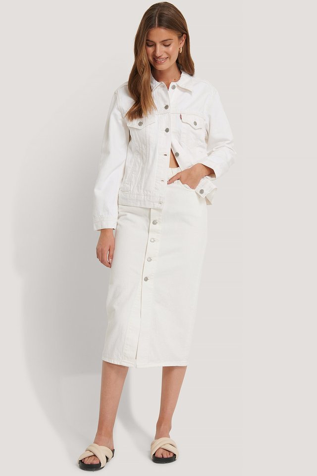 Stylish white denim jacket and midi skirt for women, showcasing a trendy casual look.