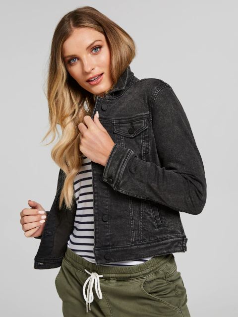 Stylish women's denim jacket, black in color, with long sleeves and a relaxed fit, perfect for casual outfits.