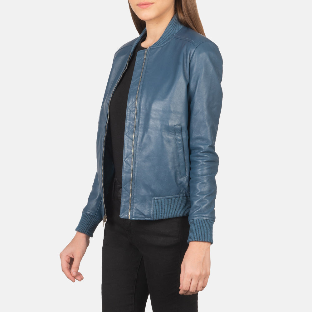 Bliss Blue Leather Bomber Jacket For Womens