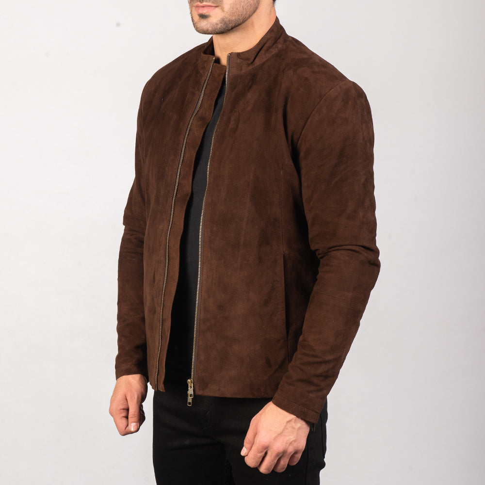 Charcoal Mocha Suede Biker Jacket - Man wearing a stylish, contemporary suede jacket with a slim, fitted silhouette in a rich, earthy mocha brown color.
