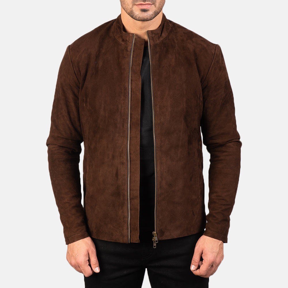 Charcoal mocha suede biker jacket by Ace Cart, featuring a sleek and stylish design with a front zip closure.