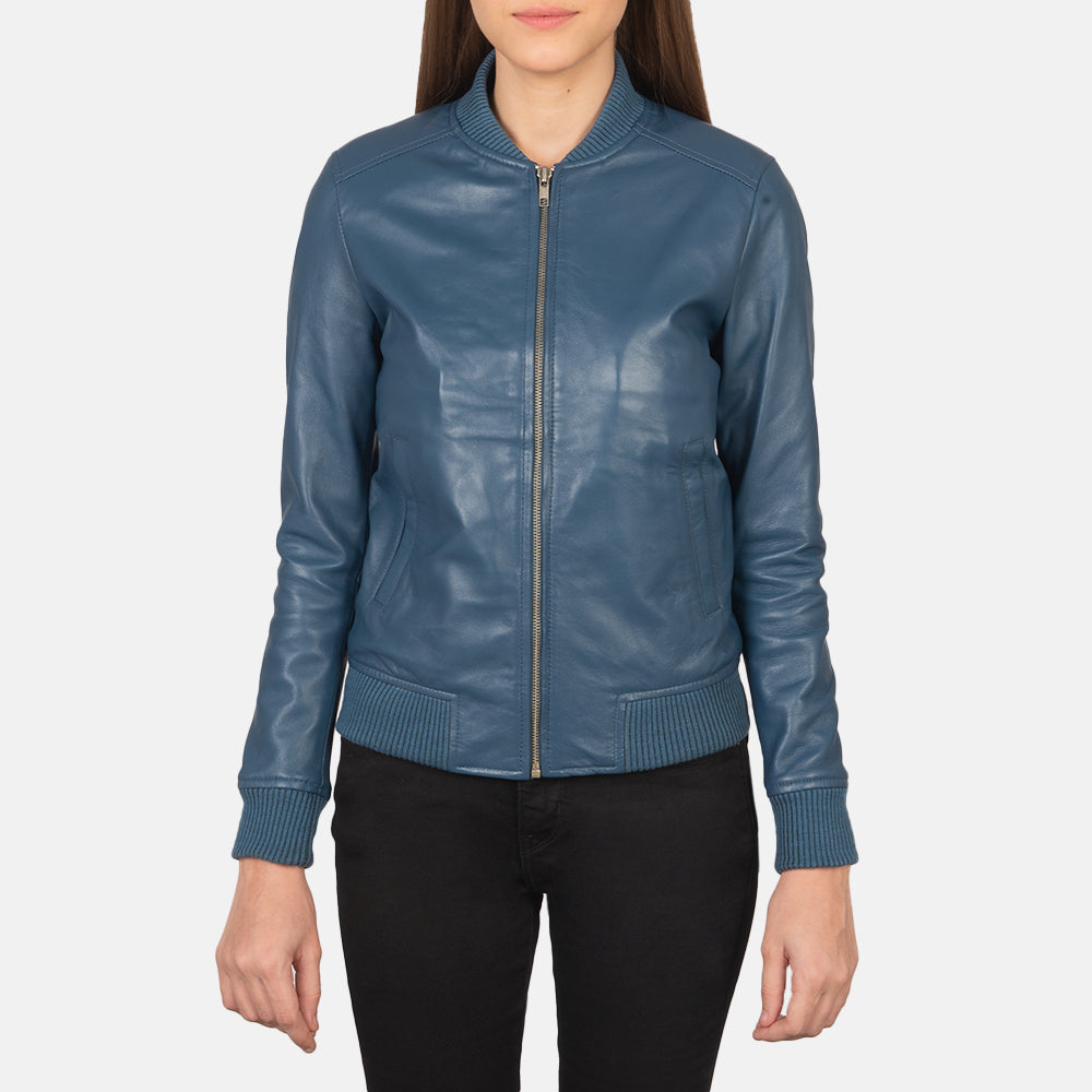 Bliss Blue Leather Bomber Jacket For Womens
