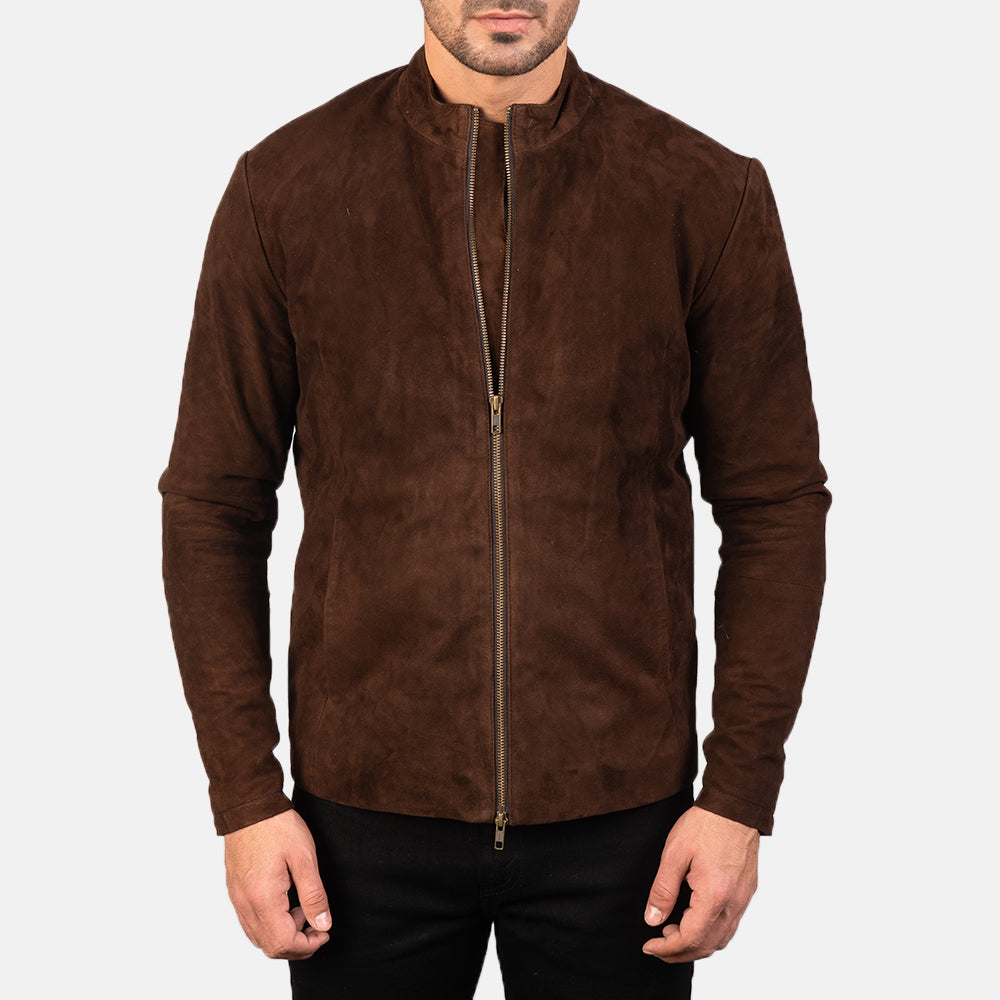 Charcoal mocha suede biker jacket with front zipper closure and sleek, modern design.