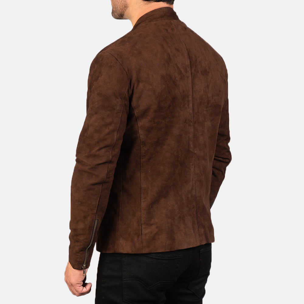Charcoal mocha suede biker jacket with zipper and collar, worn by a male model in the image.
