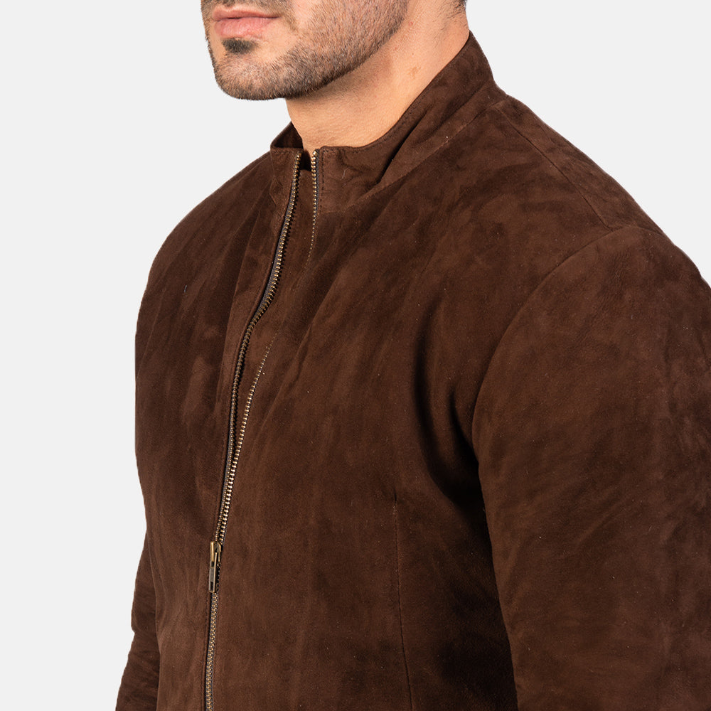 Charcoal mocha suede biker jacket with zip closure, featuring a masculine suede design and a stylish brown color.