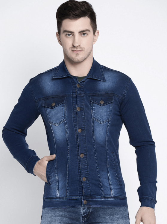 Classic men's dark blue denim jacket with distressed details, worn by a model against a plain white background.