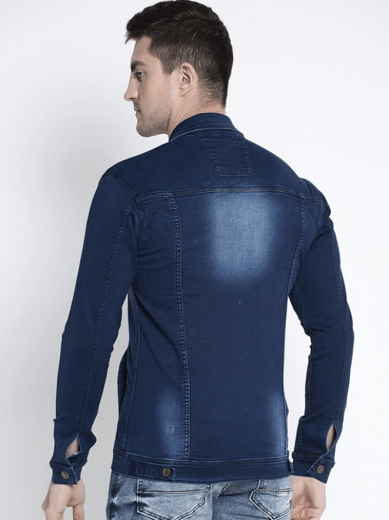 Blue denim jacket for men, dark indigo wash, modern slim fit design