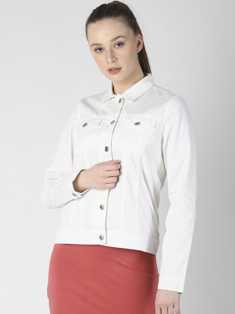 White women's denim jacket with button-up design, stylish fashion accessory.