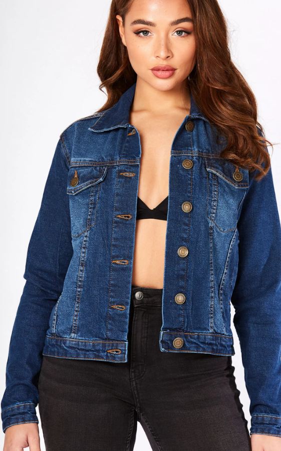Stylish dark blue denim jacket for women, featuring button closure and classic collar.