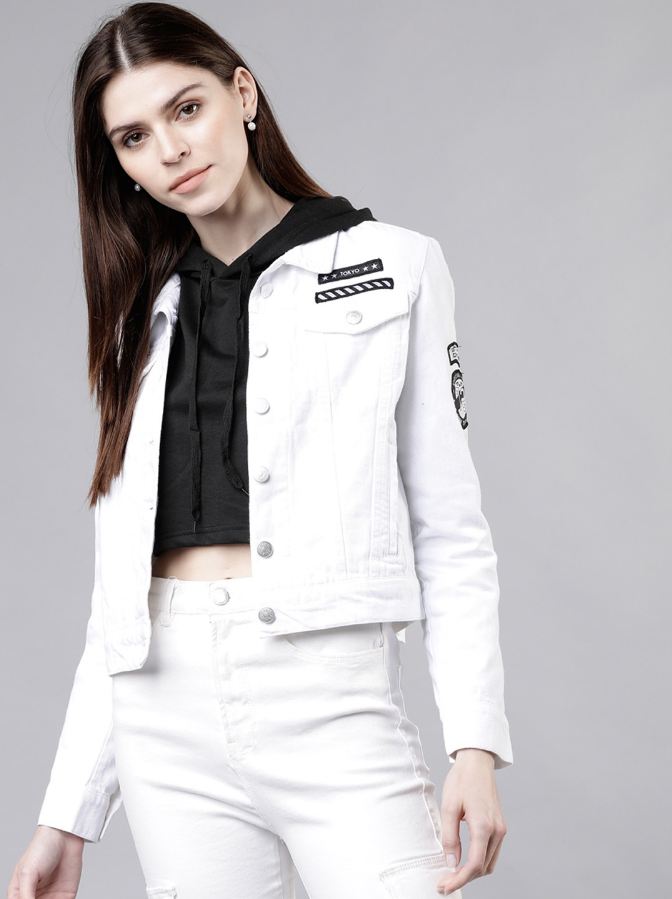 Women's Solid White Denim Jacket: Stylish denim jacket with logo details, perfect for urban casual wear.