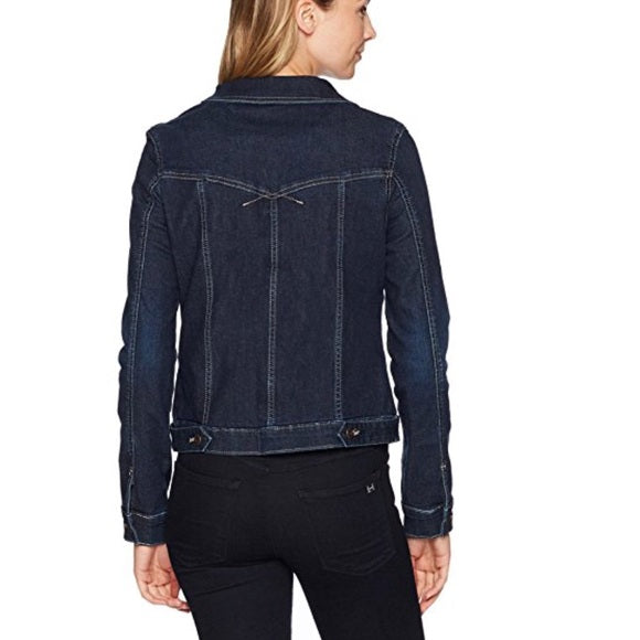 Dark blue denim jacket for women, featuring a classic design with snap button closure and vertical seam details.