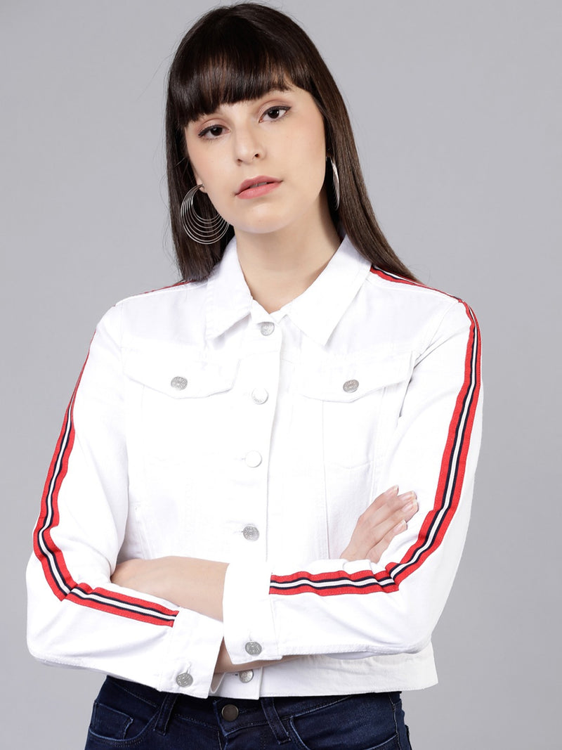 White women's denim jacket with red stripes, featured against a plain background.