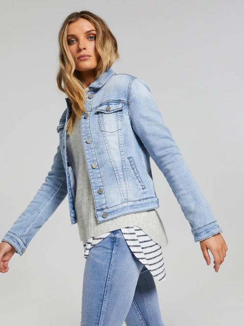 Light blue denim jacket with distressed details for stylish women