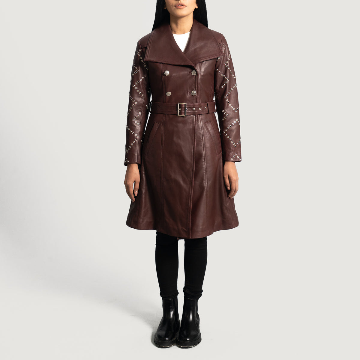 Misso Maroon Leather Trench Coat