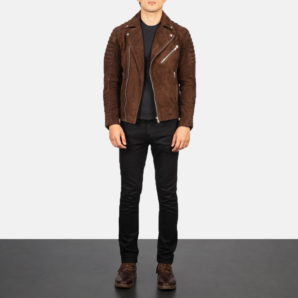 Mocha Suede Biker Jacket - Stylish men's suede jacket with asymmetrical zipper closure and stitched details, ideal for a casual yet refined look.